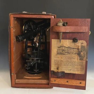 Antique Buff & Buff Surveyor’s Transit in Wood Box and Leather Case