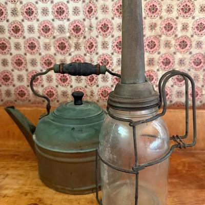 Antique Quart Oil Jar/Bottle With Stuber & Kuck Biltrite Dispenser, Plus Copper Teapot