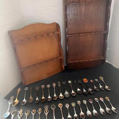 Variety of Souvenir Spoons (33), 1 Yellowstone Sterling & 2 Wood Spoon Holders