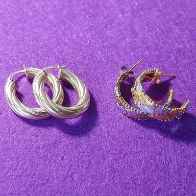 2 Pairs Hoop Earrings Milor Italy 1 Marked 925 & 1 Marked 14k