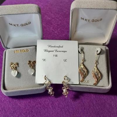 3 Pairs Earrings 14k-2 marked on post/back, 1 Handcrafted Unmarked 