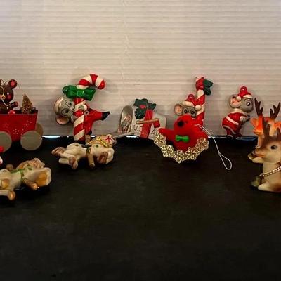 Vintage Christmas Ornaments Ceramic Mice Candy Canes, 1950s Angel Doll, Rubber Deer w/ Jingle Bells