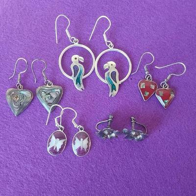 5 Pairs Earrings All Marked Mexico or Sterling Hearts Parrot Butterfly 