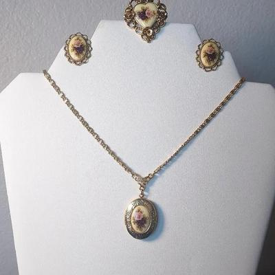 Ornate 1928 Necklace Locket Earrings Brooch Floral Set 