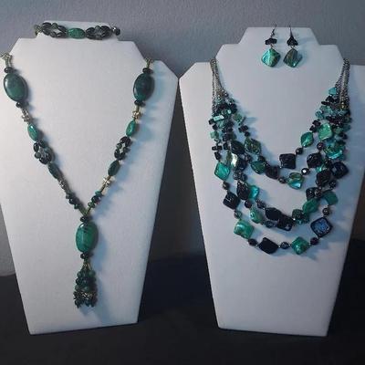 Necklace & Bracelet Chrysocolla Black Beads, 5 Strand Mother of Pearl Necklace & Earrings 
