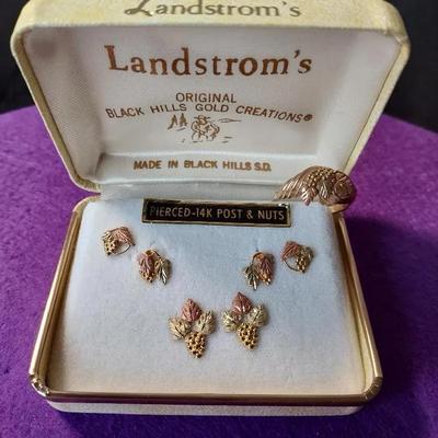 Landstroms Black Hills Gold 3 Pairs Earrings(2 (10k) & 1 (14k), Ring (10k) Sz 8