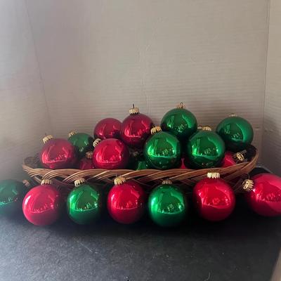 Glass Christmas Ornaments 24 Baubles Red Green West Germany, Long Oval Basket Yugoslavia 