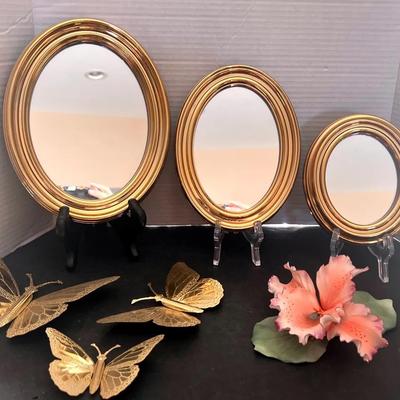 Capodimonte Orchid Flower Porcelain Napoleon Italy, 3 Butterfly Decor, 3 Sizes Gold Tone Mirrors