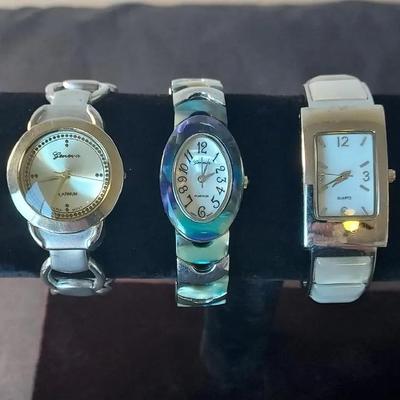 2 Geneva Platinum Cuff Bracelet Watches, Silver Tone Opal Essence Cuff Watch Bracelet 