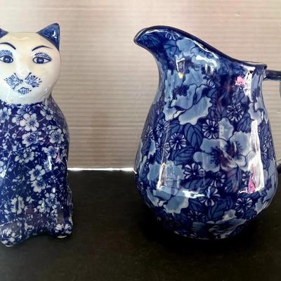 Seymour Mann Porcelain Water Pitcher & Cat Figurine Floral 