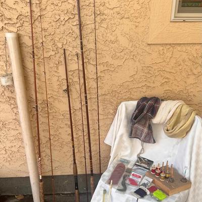 3 Fishing Poles-2 Fenwick 1 Lumiglas, Variety of Hooks Feathers Line