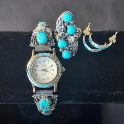 Turquoise Sterling Nadia Quartz Stretch Watch Ring Sz 7 Earrings 