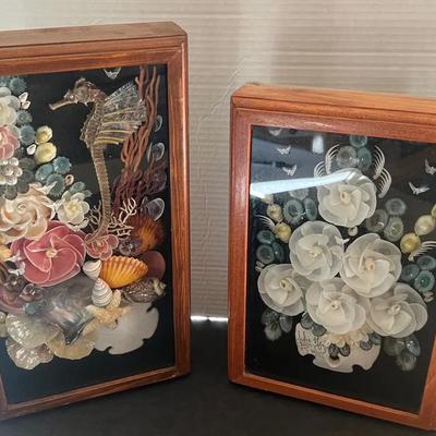 Shadow Box Pair Shell Motif Signed Julio Meza 2011 Seahorse Starfish 