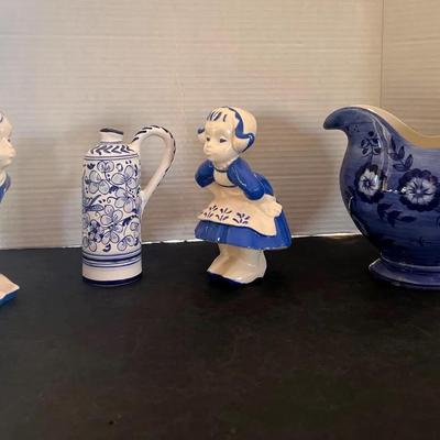 Dutch Kids Porcelain Figures 1975, Bud Vase w/ Handle Flowers Signed, Water Pitcher Vase