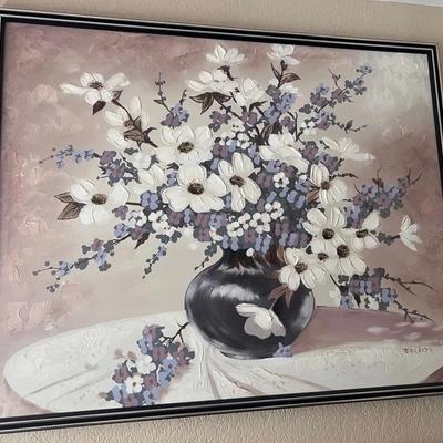 Large Oil Painting Still Life Vase White Purple Flowers Signed 