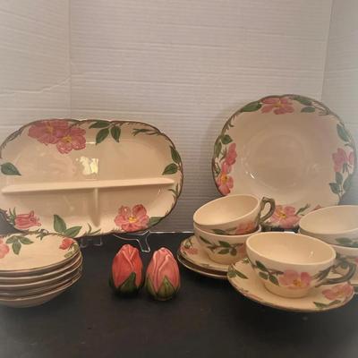 Fransican Desert Rose Divided Tray, 5 Berry Bowls, 5 Cups/saucers, Serving Bowl