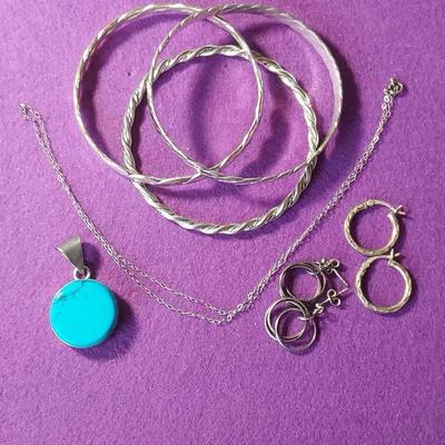 Turquoise Sterling Pendant, 925 Chain & 2 pairs Earrings, 2 Taxco Bracelets 