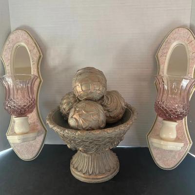 Wall Sconces (2) w/ Glass Peg Votive Holders Pink, Decorative Bowl w/ Balls 