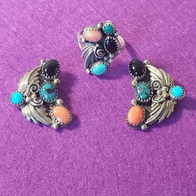 Sterling & Multi Stone (EDE) Earrings Ring Sz 7 Turquoise Coral Black Onyx