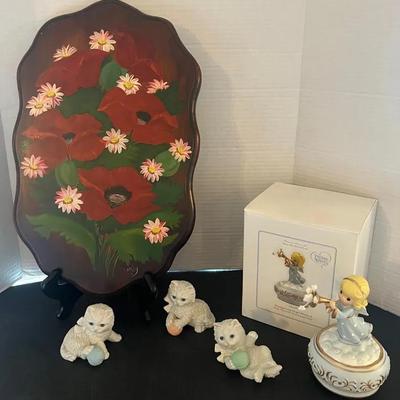 Wood Plaque Handpainted Poppies, Precious Moments Musical Angel, 3 Homco Porcelain Cats