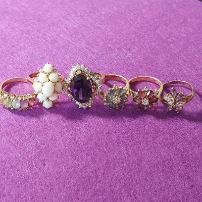 6 Rings all 925 Sz 8 Faux Opal Multi Stone Purple Crystal Pink 