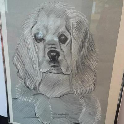 Original OOAK American Cocker Spaniel Dog Wall Pencil Drawing Framed Art