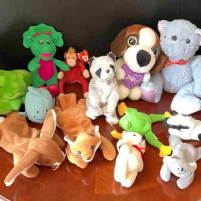 Assorted Stuffed Animals - Barney, Dogs, Ty Monkey, Fox, Bunny, Raccoon, Frog