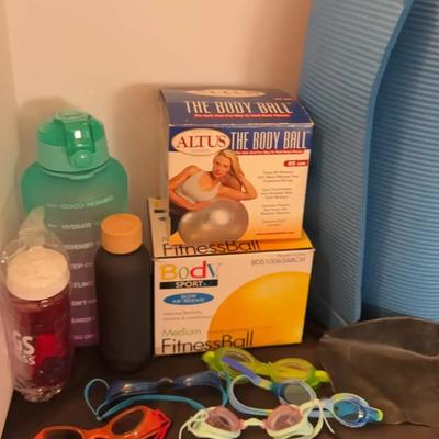 Exercise Time! Fitness Ball, Yoga Mat, Goggles, Water Bottles