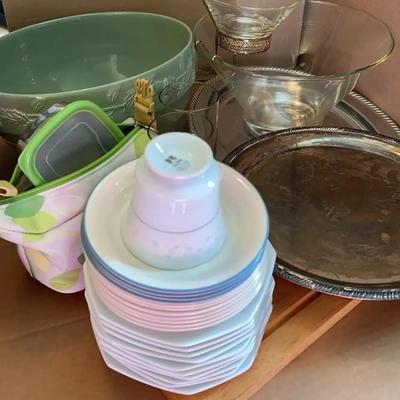 Kitchen Everything - Large Green Acorn Mixing Bowl, Cutting Board, Silver Trays, Vintage Chip & Dip