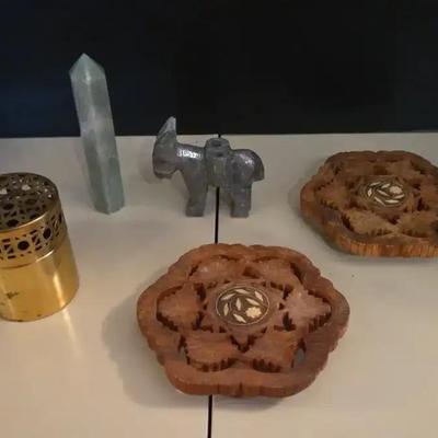 (2) Vintage Wood Plant Stands, Crystal Tower And Animal, Brass Container 