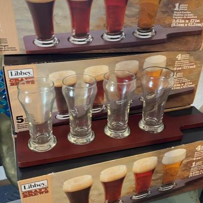 4 Sets of Libby Craft Brews Beer Flight 5-Piece Glasses & Wooden Tasting Board, New In Box