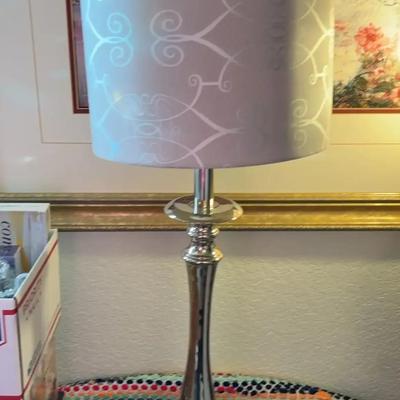Chrome Table Lamp with Beige Drum Lamp Shade with Scrollwork Pattern - Works!