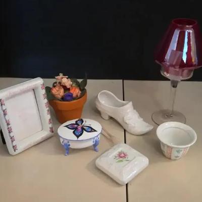 Shabby Chic Collectables - Glass Trinkets, Frame, Candle, Lamp