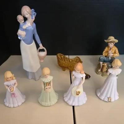 Vintage Lladro, Lefton And Enesco Figurines - Birthday Girls, Boy Figures & Glass Shoe