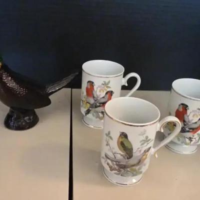 Vintage Royal Crown Porcelain Pedestal Mugs, Pheasant Decanter