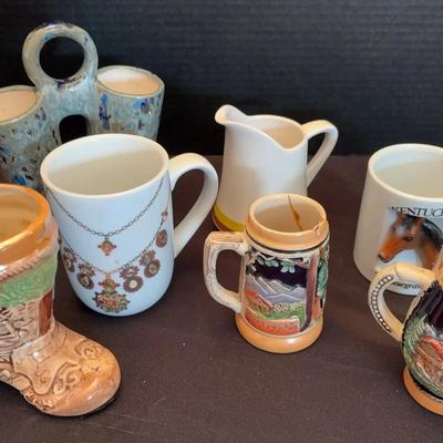 Assorted Mini Beer Steins, Mugs & Ceramic Double Wedding Vase 
