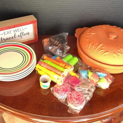 Entertaining Time - Large Clay Baker, Striped Dessert Plates, Party Favors & Sign