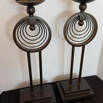 Pair Of Tall Metal Candle Holders - Black Modern Design with Circles and Straight Lines