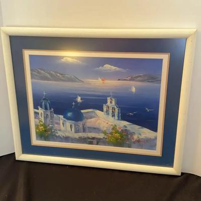 Santorini Greece “The Churches Seascape” Framed Art Picture - White Frame - 18x22