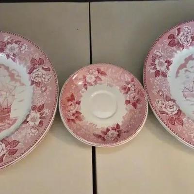 Old English Staffordshire Ware Ship Plates And Saucers - Pink & White Colonial Style