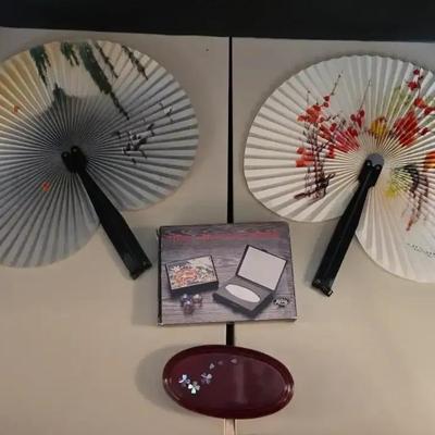 Cute Decor! (2) Foldable Fans, Tissue Box With Mirror & Asian Wood Box