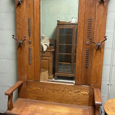 Antique Oak Mirrored Hall Tree