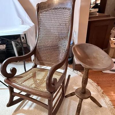Antique Victorian Lincoln Rocker And Yarn Bowl 