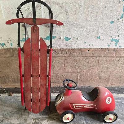 Vintage Red Snow Sled & Metal Radio Flyer Toy Car