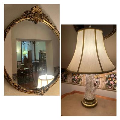 Gold Ornate Mirror & Crystal Lamp