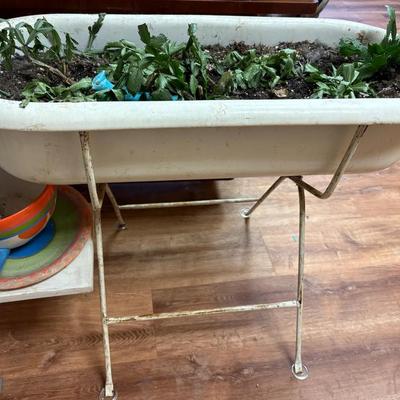 Vintage Baby Bathtub, Folding Stand Converted Into Plant Stand