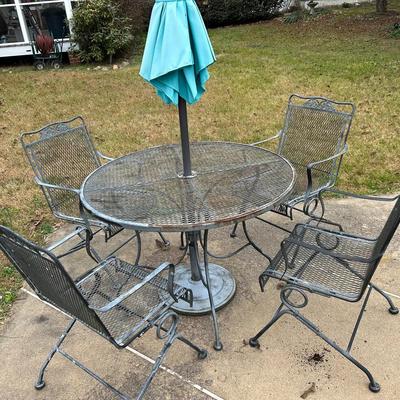 Wrought Iron Table & 4 Chairs + Umbrella Stand And Umbrella 