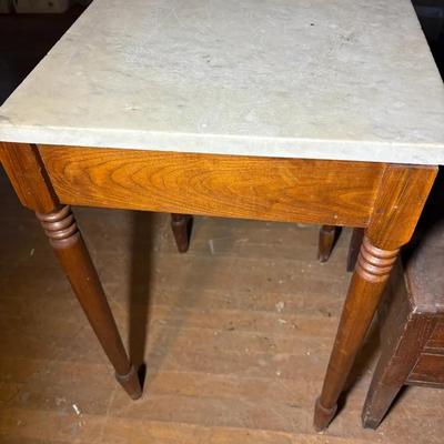 Vintage Marble Top Accent Table, Mahogany Decorative Shelf, Wooden Chamber Seat