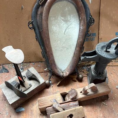 Vintage Horse Harness Mirror, Shoe Cobbler Irons, Cast Iron Well Hand Pump