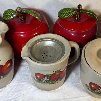 Red Apple Canister Set & 3 Pc Shakers & Thangs Pottery 